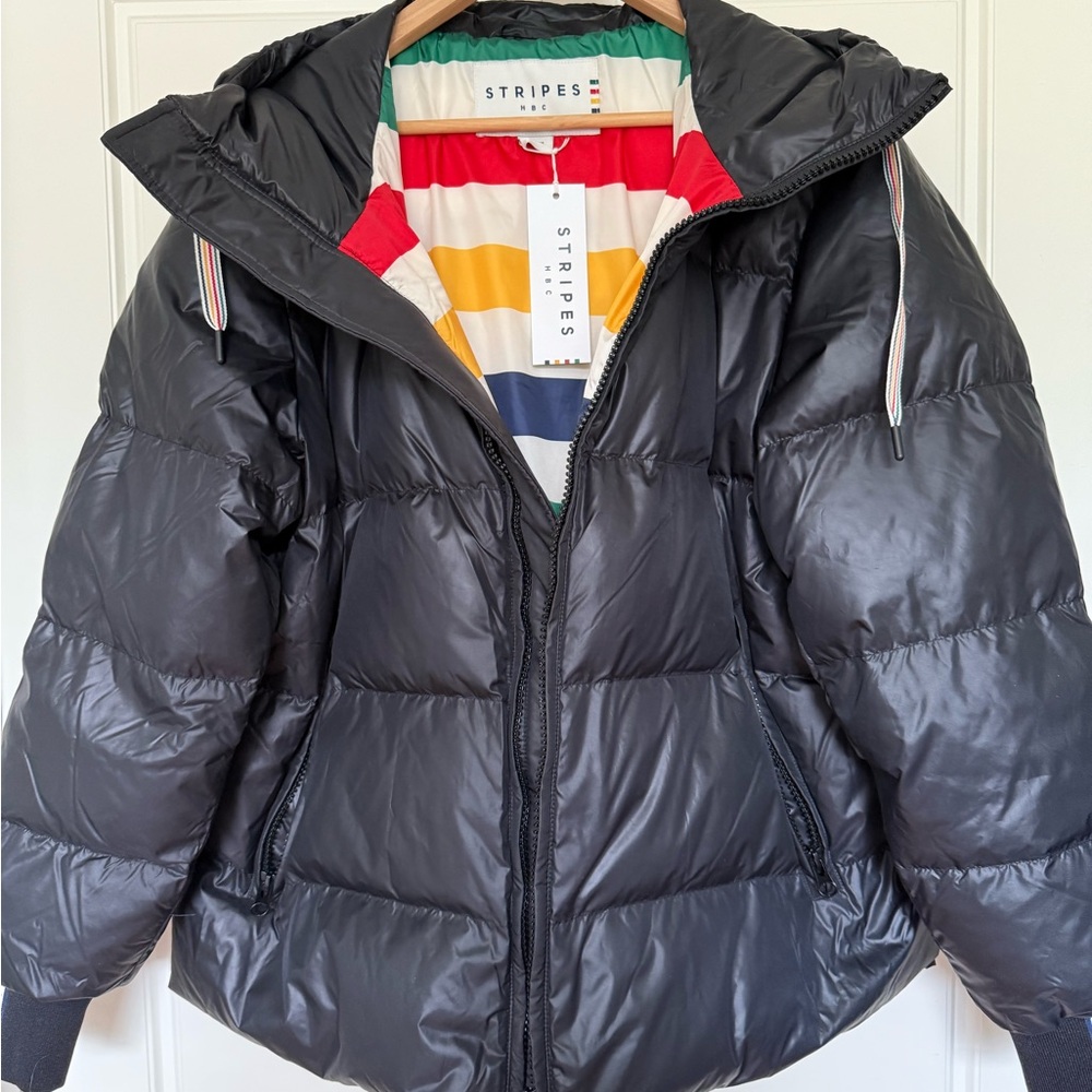 Women’s Hudson’s Bay - HBC Stripes down filled black puffer jacket. New. XL.